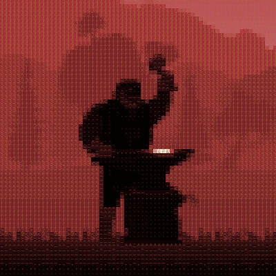Pixel art blacksmith striking an anvil